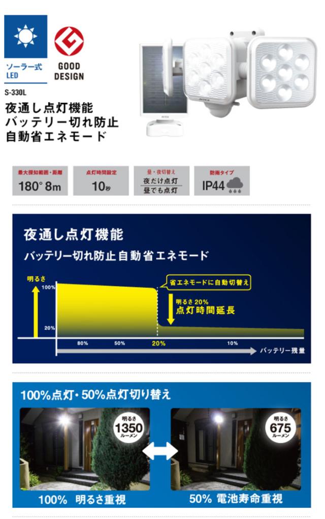 センサーライト 5W×3灯 フリーアーム式 LEDソーラーセンサーライト パネル発電 電源不要 最大約1350ルーメン ムサシ S-330L