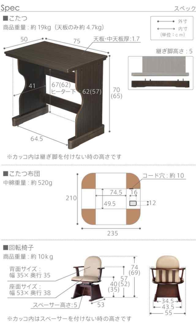 北海道・沖縄・離島配送不可 代引不可 デスク型ハイタイプこたつ フォート 75x50cm 3点セット こたつ本体+専用省スペース布団+肘付き回転