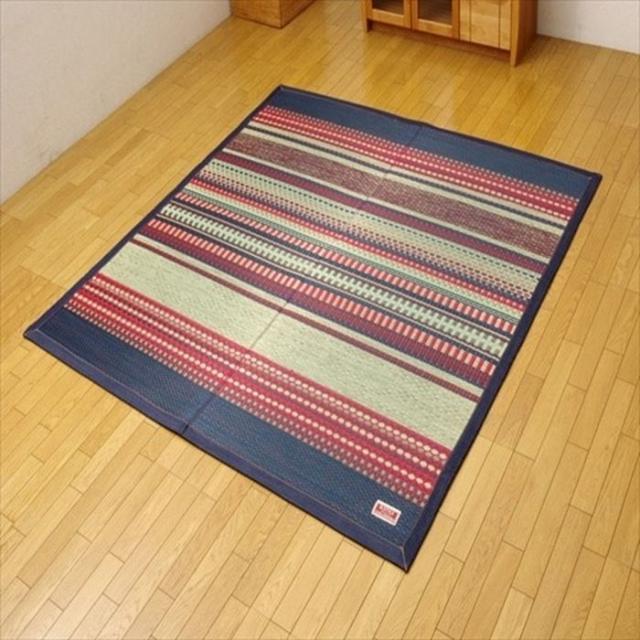 代引不可 純国産 い草ラグ カーペット エスニック調 『DXデニムラルフ』 約191×250cm（裏:不織布） ブルー IKEHIKO 1050300043904