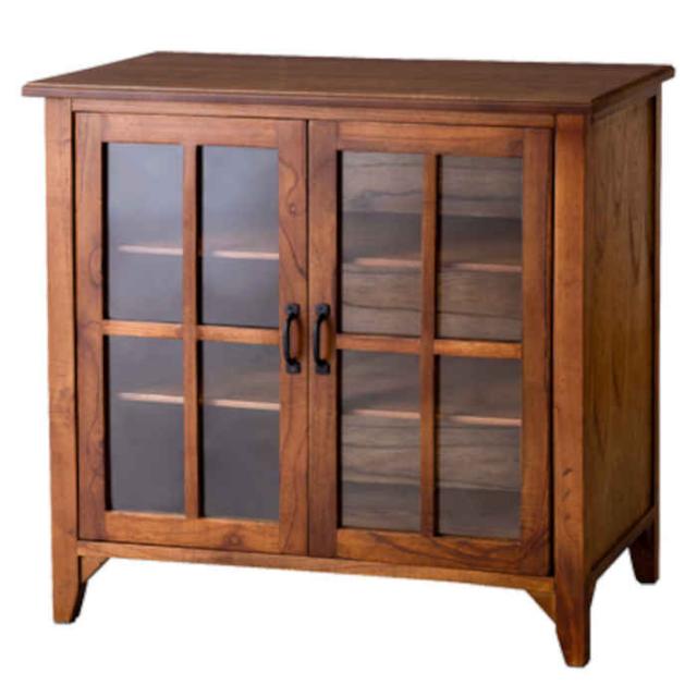 北海道・沖縄・離島配送不可 代引不可 キャビネット 木製 天然木 ミンディ ガラス戸 ガラス扉 ガラス棚 両開き 固定棚板付き 黒アイアン キッチン収納 食器棚 リビング収納 アンティーク風 ヴィンテージ風 ティンバー 東谷 PM-318の通販は
