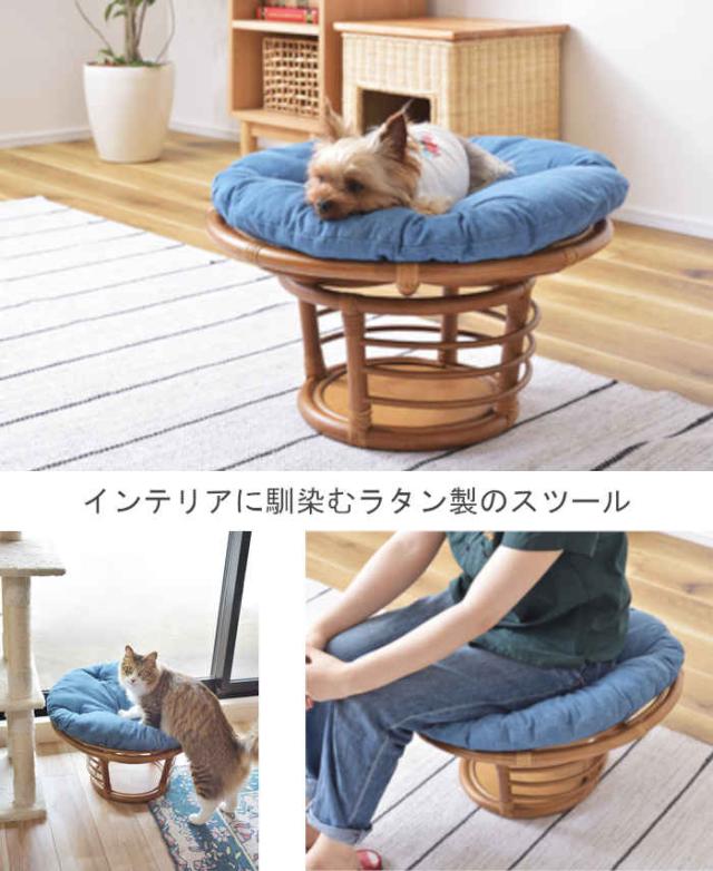 北海道・沖縄・離島配送不可 代引不可 ペットスツール ペットベッド 直径55cm 取り外せるクッション付き ペットも人も座れる ラタンチェア 籐椅子 ペット用チェア ペット用ベッド 犬 イヌ いぬ 猫 ネコ ねこ お昼寝 東谷 PET-64_2
