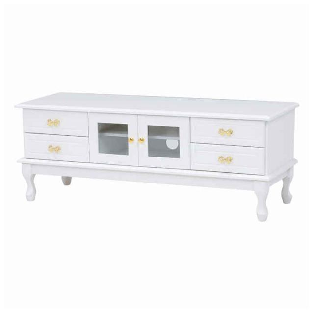 北海道・沖縄・離島配送不可 代引不可 テレビ台 テレビボード W113×D40×H45cm  天然木 繊維板 猫脚 リボンモチーフの取っ手 ガラス扉  引き出し収納 インテリア 家具 TV台 TVボード ホワイト 白 MTV-6847 HAGIHARA 3000000134の通販は