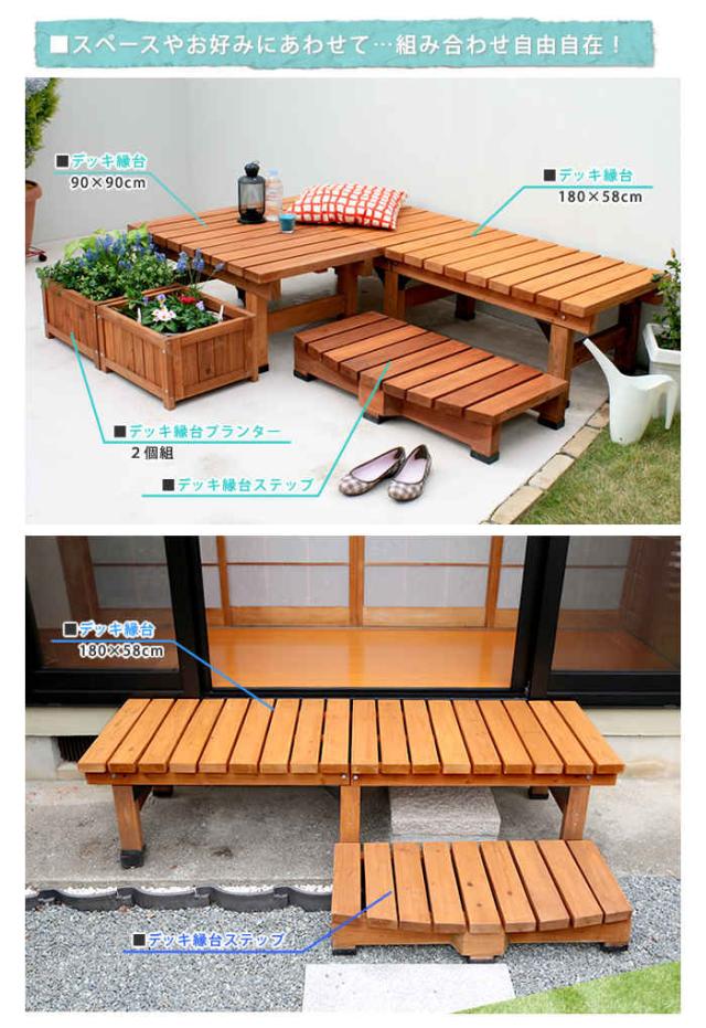 北海道・沖縄・離島配送不可 代引不可 デッキ縁台 180×58 ステップセット 35mm天板 ウッドデッキ 縁側 木製 天然木 杉 すのこ ベランダ バルコニー テラス 庭 ガーデン ガーデニング ガーデンファニチャー 住まいスタイル DE-180STP_7