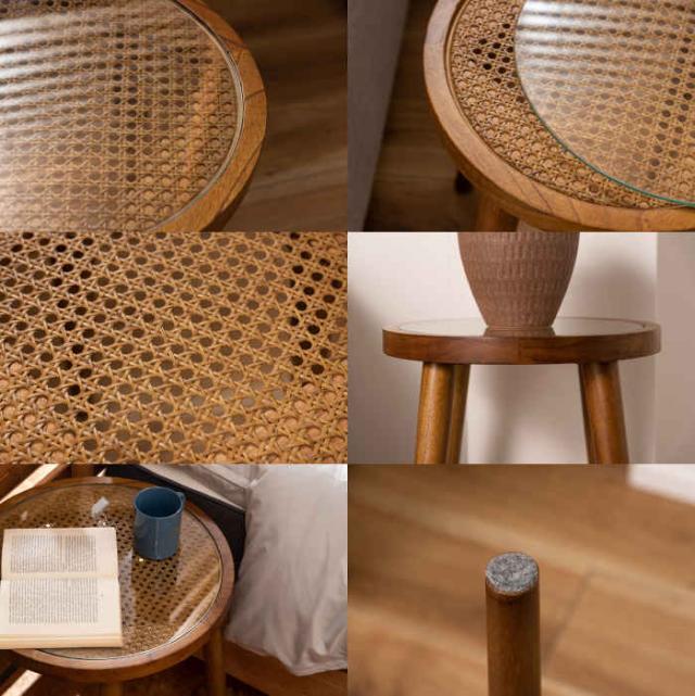 北海道・沖縄・離島配送不可 代引不可 ラウンドガラステーブル M W45×D45×H50cm 木製 天然木 ラタン 強化ガラス ミニテーブル サイドテーブル リビング ベッドサイド ソファサイド インテリア 家具 東谷 GT-779BR