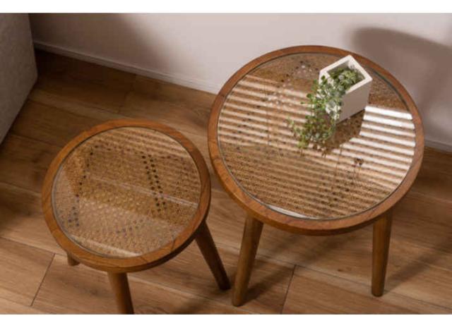 北海道・沖縄・離島配送不可 代引不可 ラウンドガラステーブル M W45×D45×H50cm 木製 天然木 ラタン 強化ガラス ミニテーブル サイドテーブル リビング ベッドサイド ソファサイド インテリア 家具 東谷 GT-779BR