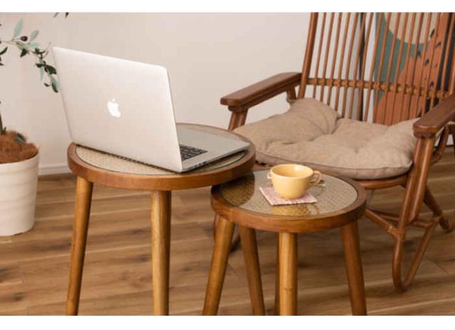 北海道・沖縄・離島配送不可 代引不可 ラウンドガラステーブル M W45×D45×H50cm 木製 天然木 ラタン 強化ガラス ミニテーブル サイドテーブル リビング ベッドサイド ソファサイド インテリア 家具 東谷 GT-779BR