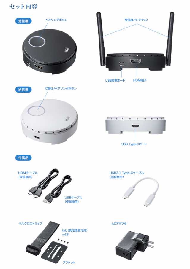 代引不可 ワイヤレス HDMIエクステンダー USB3.1 Type-C 接続用 フルHD対応 伝送距離15m HDCP対応 受信機＆送信機 サンワサプライ VGA-EX
