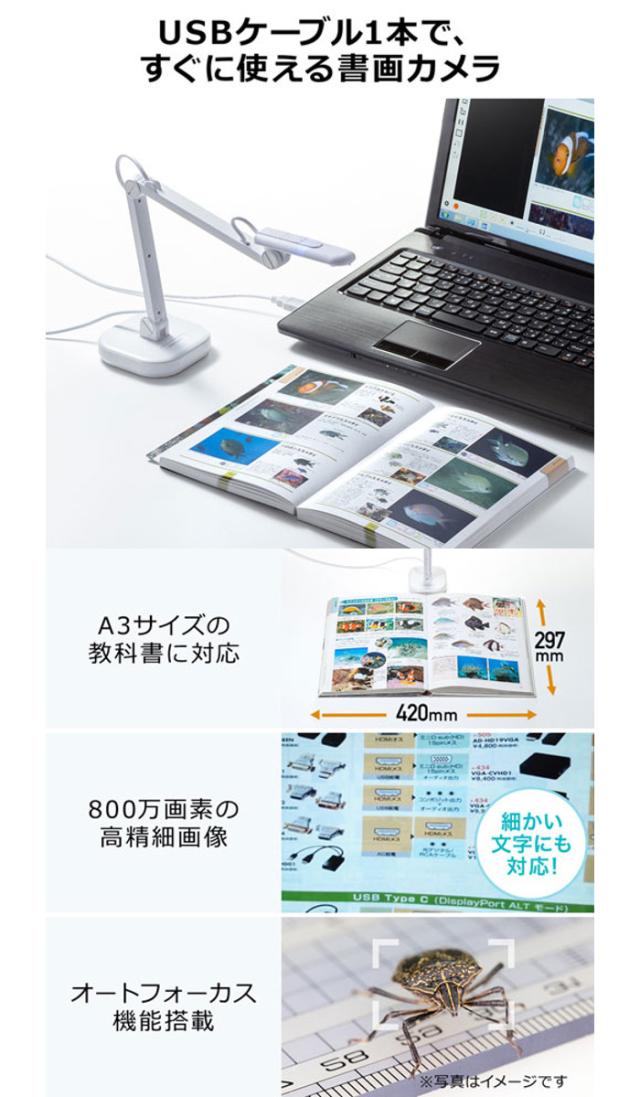 即納 代引不可 書画カメラ USB 立体物や見開きA3サイズの資料を手軽に撮影できる 高解像度 800万画素 サンワサプライ CMS-V46W_2