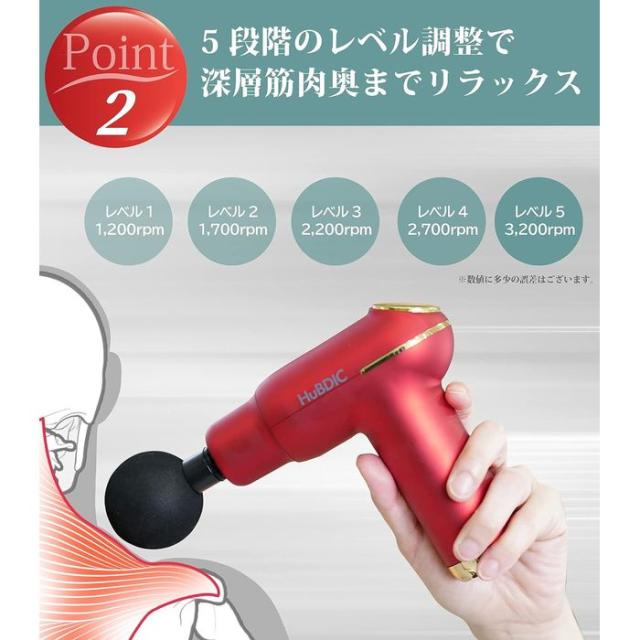 即納 温熱筋膜リリースガン 5段階温熱強力振動 筋肉リラックス ハンディガン 軽量持ちやすい 4種のアタッチメント付 プレゼントに最適 レッド HuBDIC ヒュービディックジャパン KMG-1-RED_4