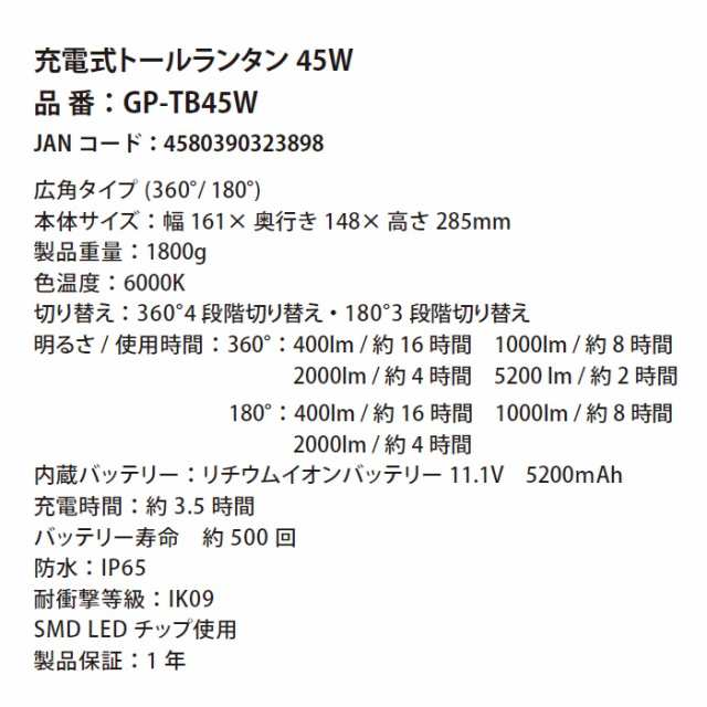 充電式LEDトールランタン 5200ルーメン 45W 多目的ライト 富士倉 GP-TB45W