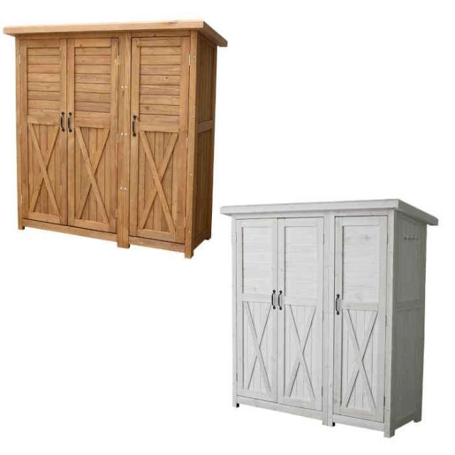 北海道・沖縄・離島配送不可 代引不可 木製大型収納庫 三つ扉 三枚扉 物置 小屋 倉庫 W1555×D630×H1595mm 木製 天然木 杉 棚板付き 庭 ガーデニング 掃除道具 アウトドアグッズ 防災 備蓄 収納 北欧風 住まいスタイル KTDS1600の通販は