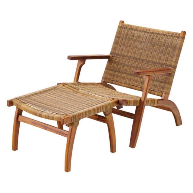 北海道・沖縄・離島配送不可 代引不可 アームチェア&オットマン 木製 天然木 チーク ポリエチレン ラタン調 ベランダ テラス バルコニー ガーデン 庭 ガーデンファニチャー インテリア 家具 東谷 NRS-423の通販は