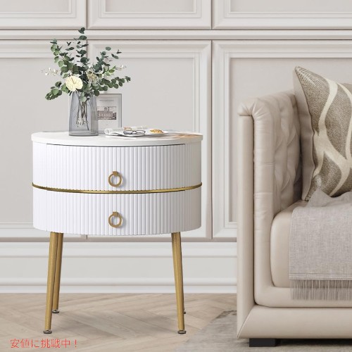 O&amp;K FURNITURE 大理石ラウンドエンドテーブル 引き出し2個付き ホワイト＆ゴールド Marble Round End Table with 2 Drawers