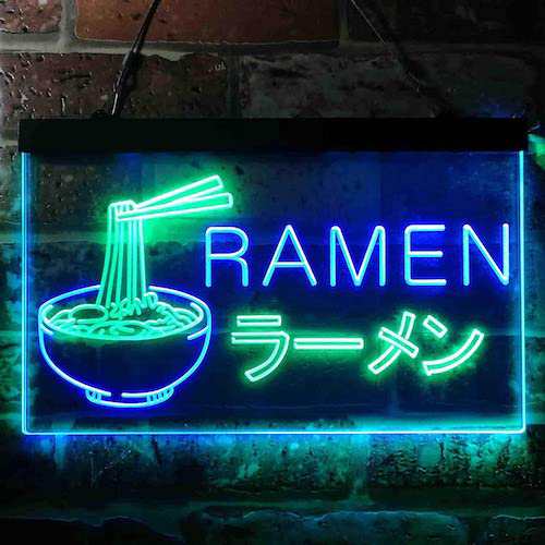 ラーメン屋さんネオンサイン グリーン＆ブルー ディスプレイ LED 約30cm×約20cm（12 x 8インチ） LED Neon Sign