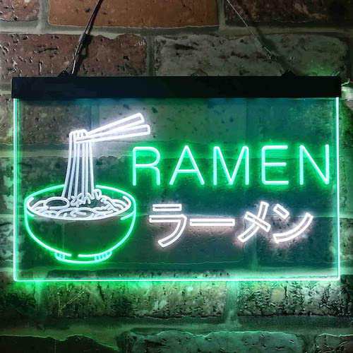 ラーメン屋さんネオンサイン ホワイト＆グリーン ディスプレイ LED 約30cm×約20cm（12 x 8インチ） LED Neon Sign