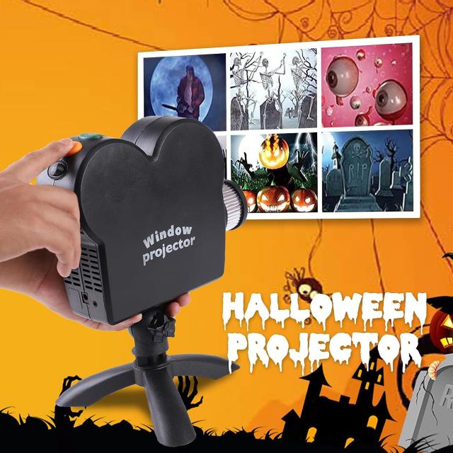 ハロウィンウィンドウプロジェクター、三脚付き、12映画内蔵ミニ屋外ハロウィンプロジェクター、クリスマスやハロウィンの屋外装飾に最適 ハロウィン