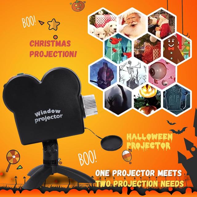 ハロウィンウィンドウプロジェクター、三脚付き、12映画内蔵ミニ屋外ハロウィンプロジェクター、クリスマスやハロウィンの屋外装飾に最適 ハロウィン