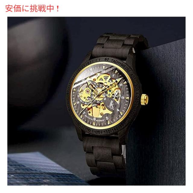 IK COLOURING メンズ 機械式 木製 スケルトン自動 腕時計 ブラック