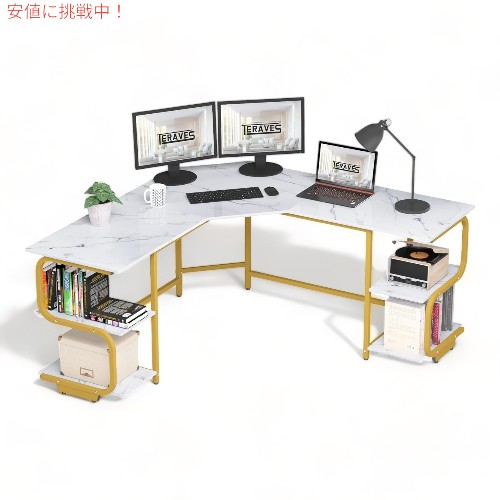 Teraves テラベス テラヴェス 棚付き モダンL字デスク ホワイトマーブル ゴールドフレーム デスク VD-Cor-SS Modern L Shaped Desk with Shelves
