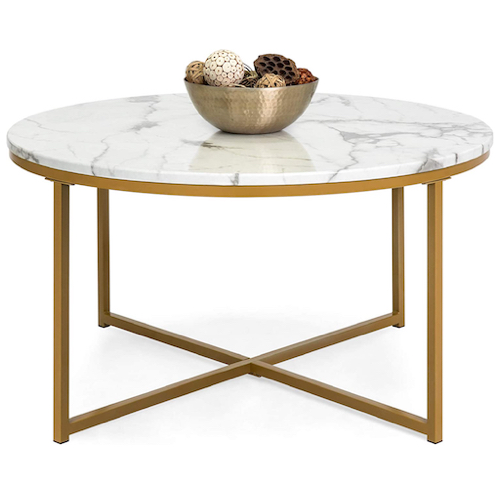 Best Choice Products 36インチ コーヒーテーブル 人工大理石 ラウンドトップ ホワイト×ブロンズゴールド アメリカ輸入家具 SKY4585 36in Coffee Table