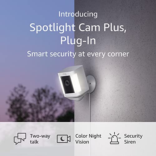Ring Spotlight Cam Plus、双方向通話、カラー ナイト ビジョン、セキュリティ サイレン (2022 年リリース) - ホワイト