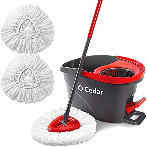 O-Cedar EasyWringマイクロファイバースピンモップ＆バケットフロアクリーニングシステム+ 2つの追加リフィル、赤/グレー