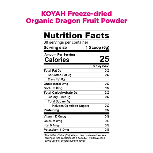 KOYAH オーガニックフリーズドライ ピンクドラゴンフルーツパウダー（1スクープ= 1/4カップフレッシュ）30サービング（しばしばピタヤと呼ばれる）、180 g（6.35オンス） KOYAH オーガニックフリーズドライ ピンクドラゴンフルーツパウダー（1