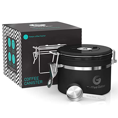 Coffee Gator ステンレススチール コーヒー粉と豆キャニスター 日付トラッカー CO2放出バルブ 計量スクープ付き Sサイズ ブラック