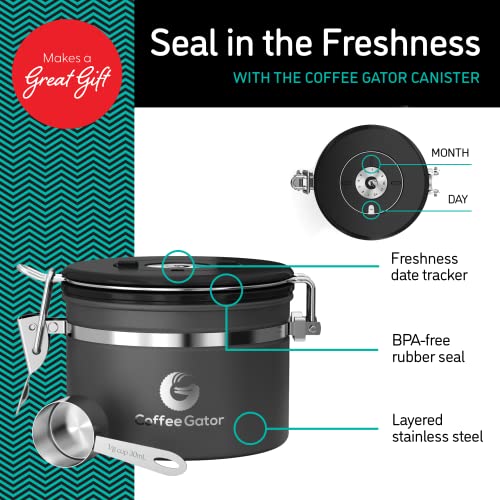 Coffee Gator ステンレススチール コーヒー粉と豆キャニスター 日付トラッカー CO2放出バルブ 計量スクープ付き Sサイズ ブラック
