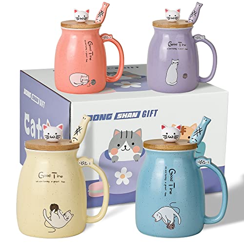 ドンシャンギフト キュートな猫のマグカップ セラミックコーヒーカップ4個セット 500ml/15オンス (4個、ブルー ピンク パープル イエロー)の通販は 7,782円