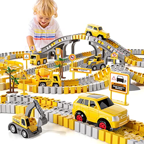 iHaHa 236ピース 建設おもちゃ レーストラック 男の子 6ピース 建設車と柔軟なトラックプレイセット