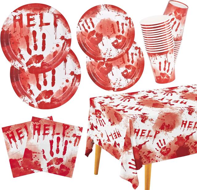Gatherfun 血まみれのハンドスタンプ ハロウィンパーティー用品 使い捨て紙皿ナプキン 防水プラスチックテーブルカバー付き