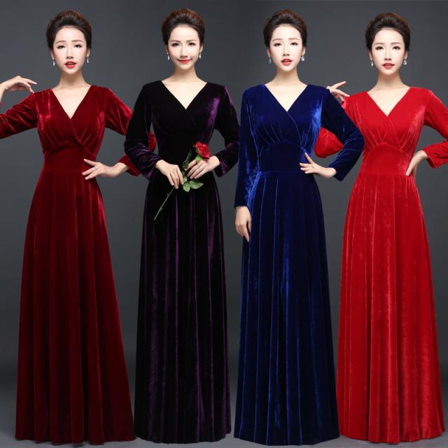 ベロア ロングドレス パーティドレス ワンピ 長袖 結婚式 二次会 発表