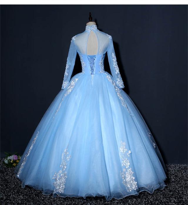 豪華 復古調 青 ウェディングドレス パーティドレス ロングドレス ワンピ Ａライン 長袖 パニエ付 結婚式 発表会 オーダーサイズ可 D066_3