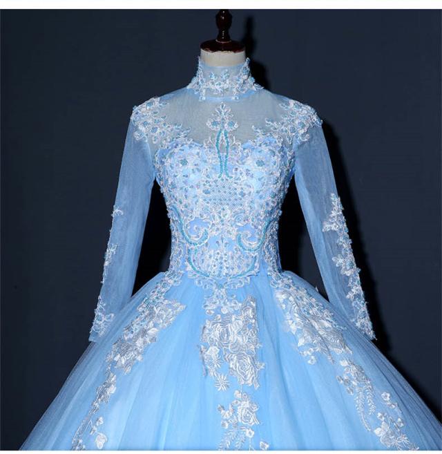 豪華 復古調 青 ウェディングドレス パーティドレス ロングドレス ワンピ Ａライン 長袖 パニエ付 結婚式 発表会 オーダーサイズ可 D066_4