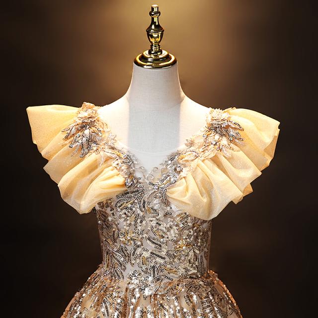 華麗 カラードレス パーティドレス ロングドレス ワンピ パニエ付 金色