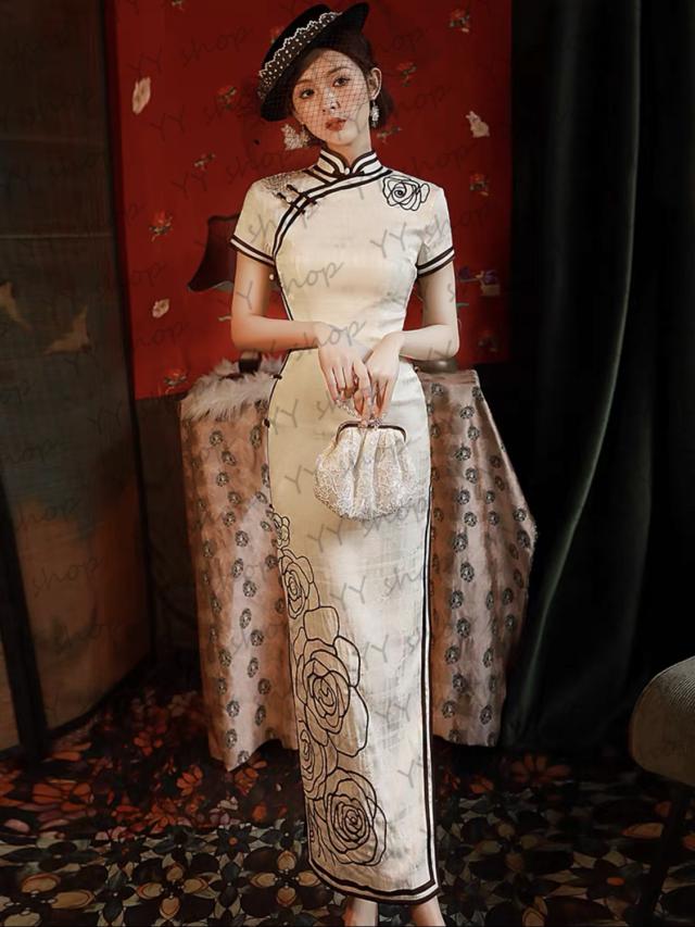 高品質 チャイナドレス パーティドレス ロングドレス チャイナ服 ワンピ スリット S~3XL 黒 白 宴会 二次会 発表会 撮影 イベント D081 高品質 チャイナドレス パーティドレス ロングドレス チャイナ服