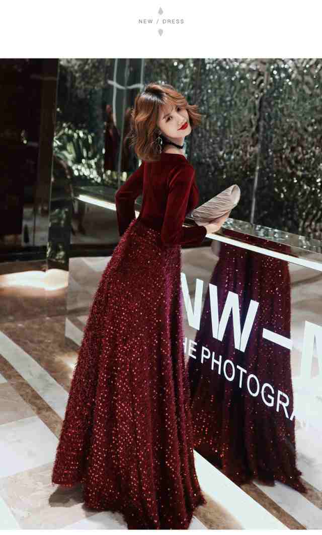 高級ベロア ロングドレス パーティードレス 舞台ドレス ナイトドレス ワンピ 赤 長袖 二次会 発表会 大きい オーダーサイズ可能 D113