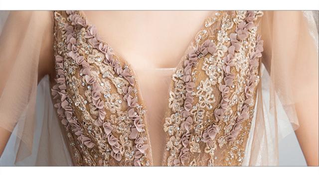 高品質 ロングドレス パーティードレス  ワンピース 袖あり Vネック Aライン ゴールド 結婚式 二次会 発表会 演奏会 撮影 D122 高品質 ロングドレス パーティードレス ワンピース 袖あり Vネック A