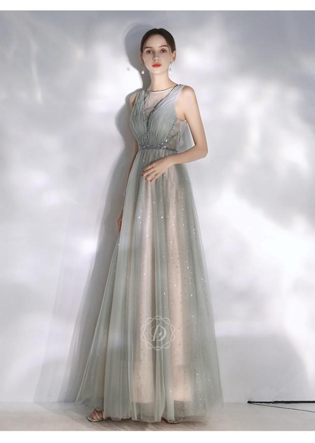 グレー パーティドレス ロングドレス ワンピース ナイトドレス チュールスカート 結婚式 二次会 発表会 演奏会 撮影 D161_2