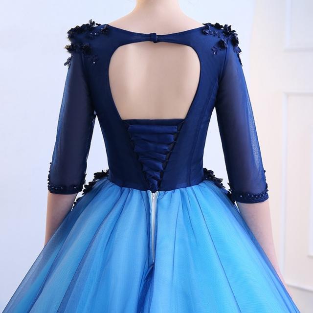 高品質 カラードレス ロングドレス パーティドレス ワンピ 5分袖 青