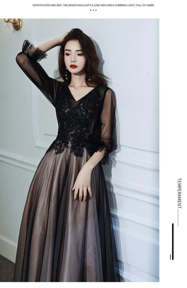 ブラック ロングドレス パーティードレス ワンピ ナイトドレス 袖あり Vネック トレーン 黒 結婚式 二次会 発表会 演奏会 イベント D171 ブラック ロングドレス パーティードレス ワンピ ナイトドレス 袖あり