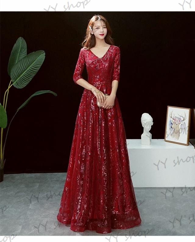 ワインレッド ロングドレス パーティドレス ワンピ 5分袖 Aライン Vネック 赤 二次会 発表会 小さい 大きいサイズ オーダーサイズ可 D182