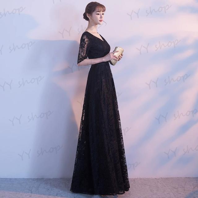 ブラック レース ロングドレス パーティドレス ワンピ 5分袖 Aライン 黒 二次会 発表会 小さい 大きいサイズ オーダーサイズ可 D194 ブラック レース ロングドレス パーティドレス ワンピ 5分袖 Aライン