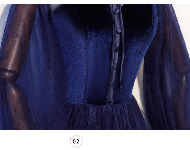 復古調 ロングドレス パーティドレス ワンピ ナイトドレス 長袖 立襟 青 ブルー 小さいサイズ~大きいサイズ 二次会 発表会 撮影 D210 復古調 ロングドレス パーティドレス ワンピ ナイトドレス 長袖 立襟