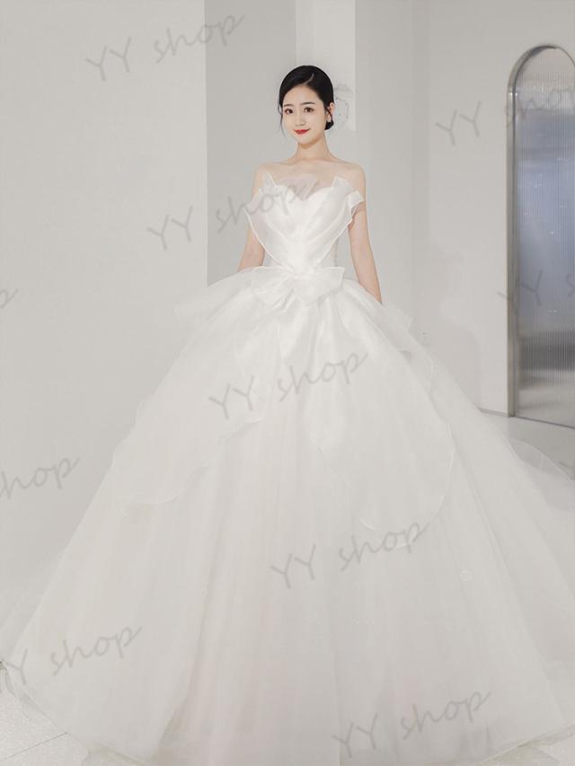 新作 ウェディングドレス  トレーン ビスチェ 白 花嫁 結婚式 撮影 大きいサイズ オーダーサイズ可 グローブ パニエ ベール付 H003bの通販は