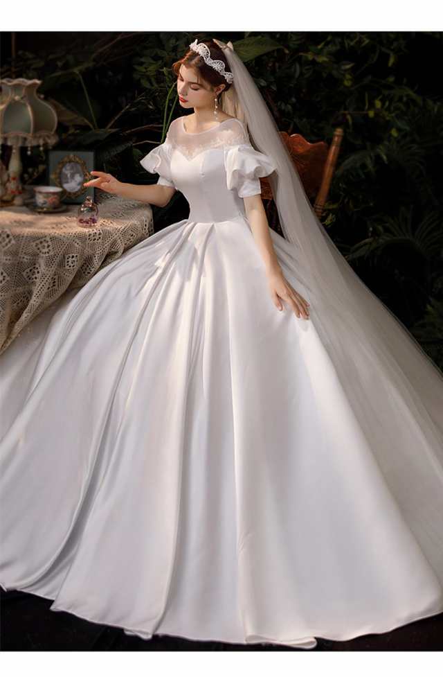 ヨーロッパ風 ウェディングドレス Aライン バルーンスリーブ 白 結婚式 大きいサイズ オーダーサイズ可 パニエ グローブ ベール付H007b
