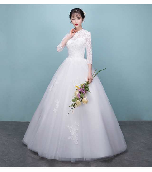 SALL レース ウェディングドレス Aライン 長袖 7分丈袖 白 結婚式 大きいサイズ オーダーサイズ可 ベール パニエ グローブ付 H021