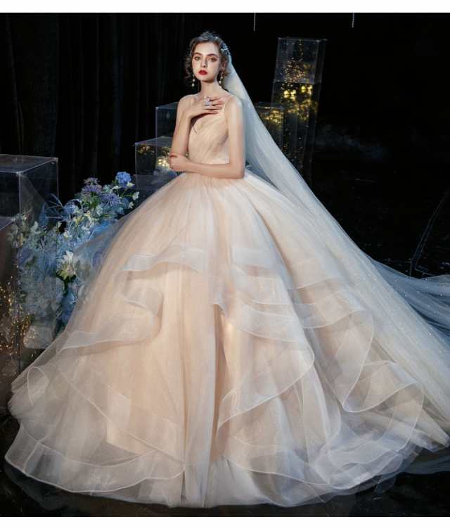 ウェディングドレス チュールスカート Aライン 白 アイボリー 結婚式 撮影 大きいサイズ オーダーサイズ可 パニエ ベール グローブ付H024