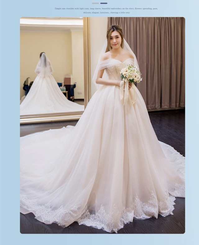 SALL 超人気 ウェディングドレス トレーン オフショルダー 白 結婚式 グローブ ベール2点セットプレゼント オーダーサイズ可 H035